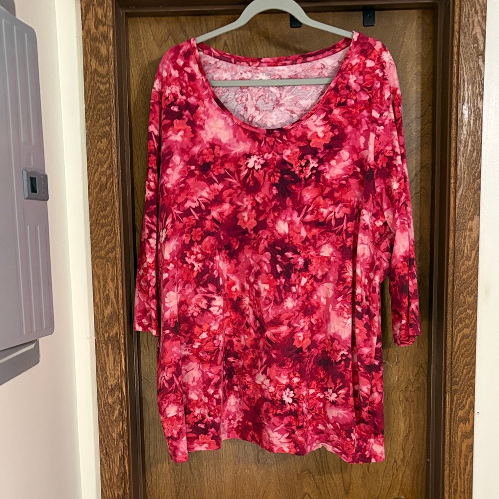 Catherines Vibrant Red Floral 3/4 length Sleeve Top
